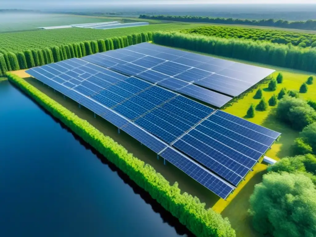 Centro de datos sostenible con paneles solares y turbinas eólicas Vista panorámica de un centro de datos sostenible con energías renovables y tecnología avanzada