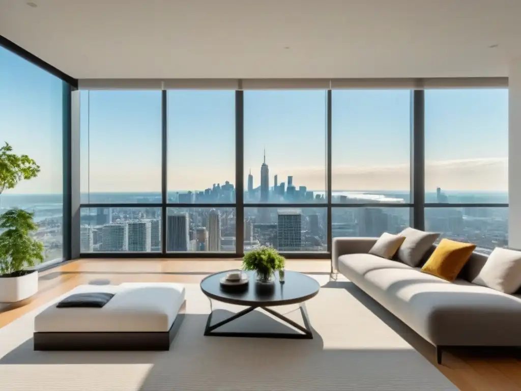 Penthouse moderno con vista panorámica de la ciudad y certificación LEED Vista panorámica de ciudad en ático moderno con Certificación LEED, decoración elegante y sostenible