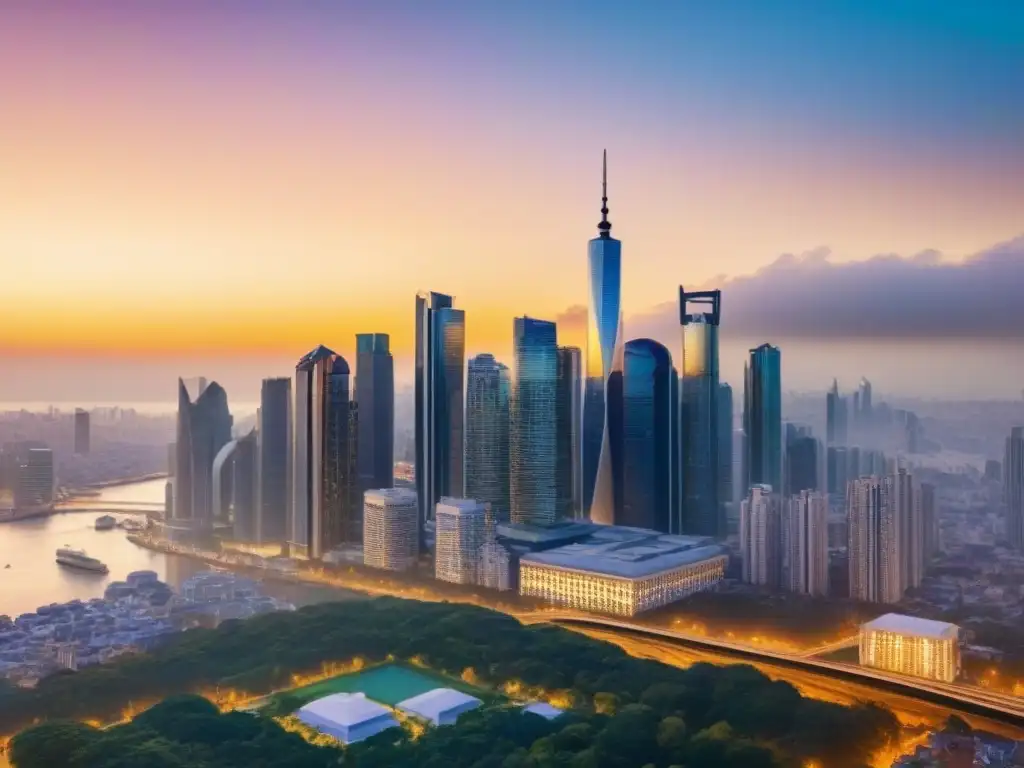 Esplendor urbano: Oportunidades de inversión inmobiliaria doradas Vista panorámica de una ciudad bulliciosa con rascacielos modernos bañados en la luz dorada, reflejando oportunidades de oro mercado inmobiliario