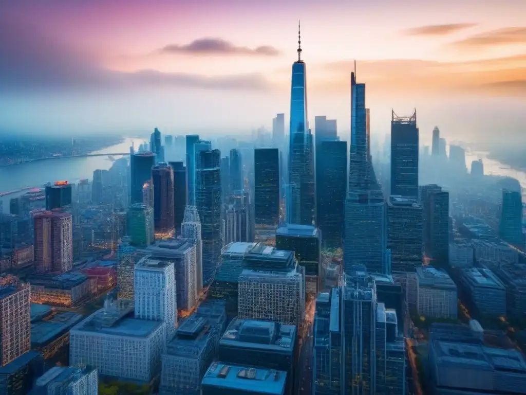 Horizonte urbano: fusiones inmobiliarias en una ciudad dinámica Vista panorámica de una ciudad bulliciosa llena de rascacielos modernos, simbolizando el mundo dinámico y acelerado de fusiones inmobiliarias