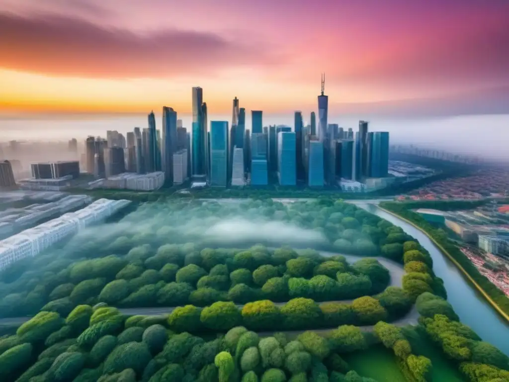 Horizonte urbano al atardecer: naturaleza vs desarrollo Vista panorámica de una ciudad bulliciosa al atardecer, con rascacielos modernos y parques verdes