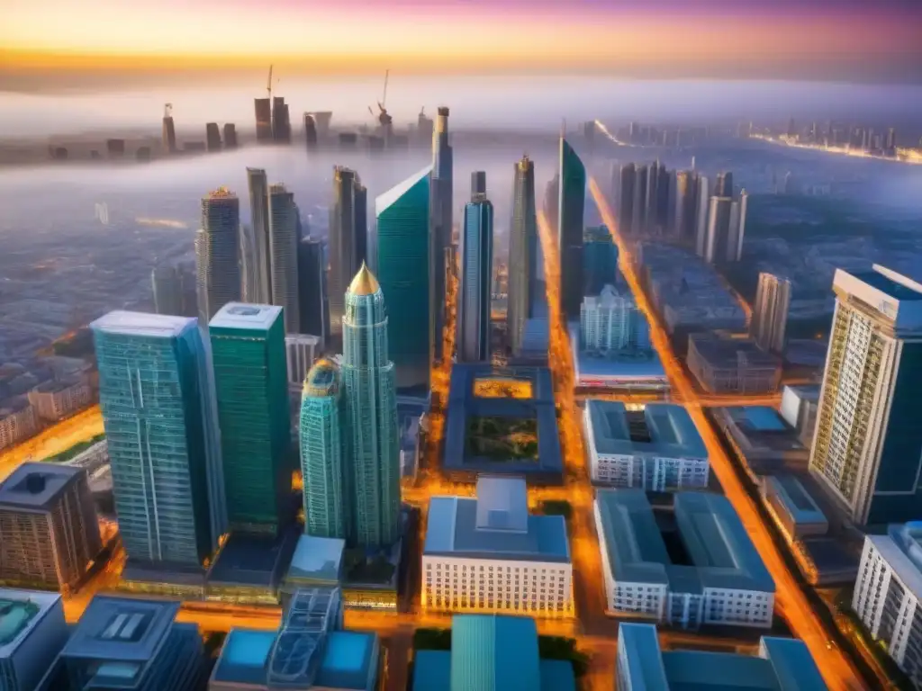 Metrópolis emergente: visión vanguardista de oportunidades inmobiliarias Vista panorámica de una ciudad bulliciosa en mercados emergentes, destaca la colaboración y oportunidades de inversión