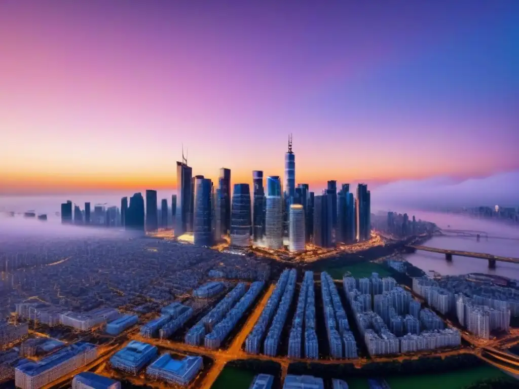 Metrópolis vibrante al atardecer: oportunidades inmobiliarias globales 'Vista panorámica de una ciudad bulliciosa al atardecer, con rascacielos reflejando la luz cálida del sol
