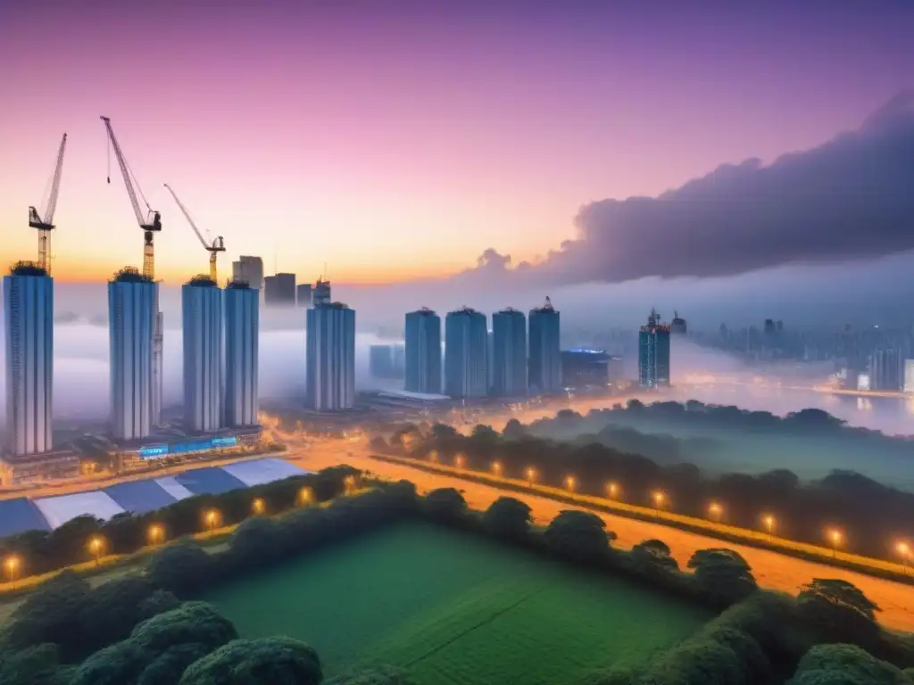 Inversores en metrópoli emergente: crecimiento y negocios Vista panorámica de una ciudad en desarrollo con inversores discutiendo, representando la 'Inversión inmobiliaria en mercados emergentes'