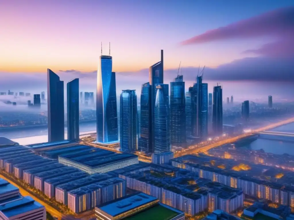 Metrópolis futurista en 8k: innovación inmobiliaria Vista panorámica de una ciudad futurista al anochecer con rascacielos iluminados