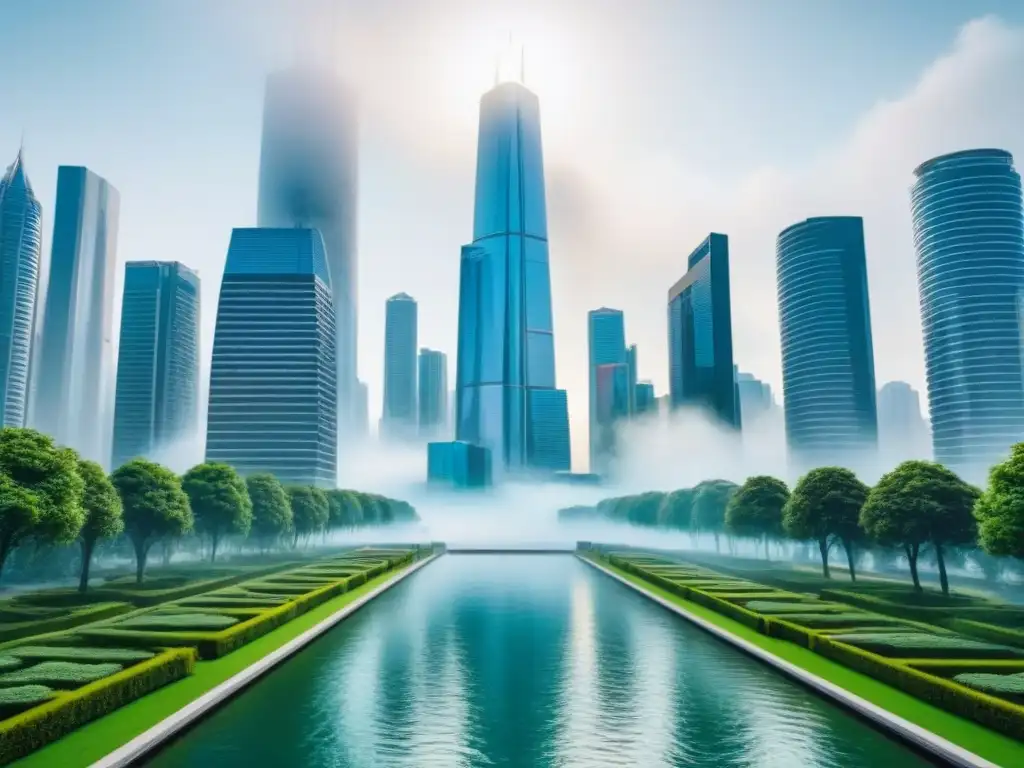 Metropolis futurista: geoespacial en urbanismo Vista panorámica de una ciudad futurista con rascacielos modernos rodeados de parques verdes y agua, destacando el análisis de datos geoespaciales en el mercado inmobiliario