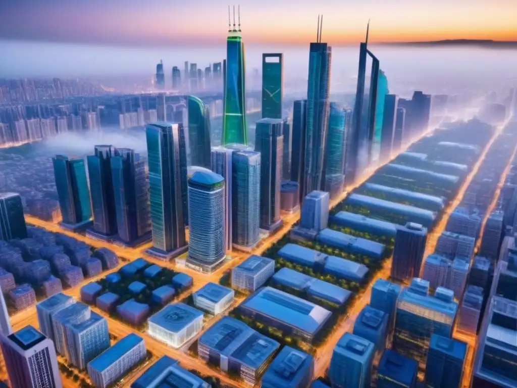Metrópolis futurista: innovación y sostenibilidad urbana en 8k 'Vista panorámica de ciudad futurista con urbanización inteligente y reactivación mercados inmobiliarios