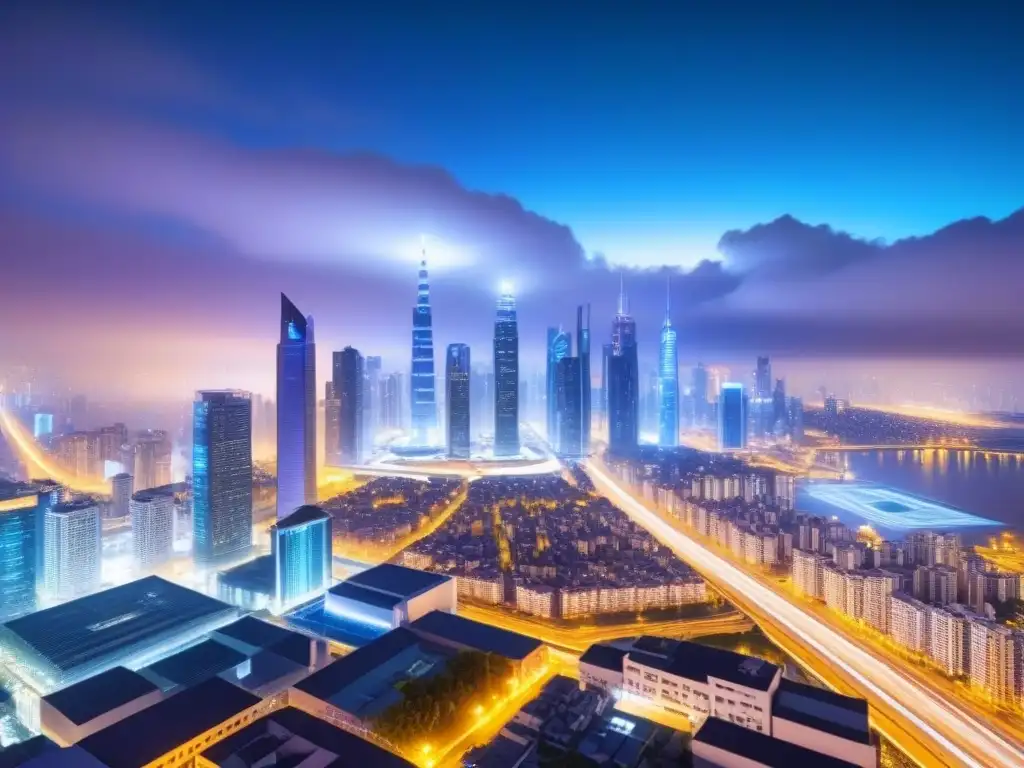 Metrópolis futurista: vista panorámica de una ciudad avanzada Vista panorámica de una ciudad futurista con rascacielos, edificios de vidrio y avanzada infraestructura, iluminada por luces de la ciudad en la noche