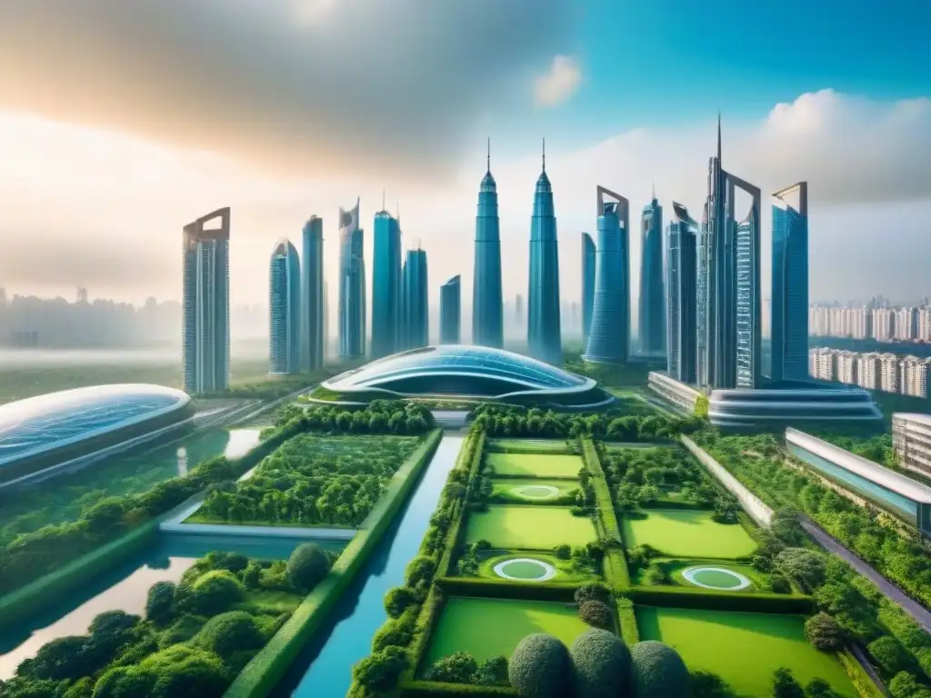 Metrópolis futurista: modernidad y sostenibilidad en armonía Vista panorámica de una ciudad futurista con rascacielos modernos y parques verdes, mostrando estrategias anticíclicas bienes raíces
