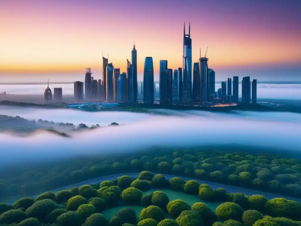 Metrópolis futurista: skyline dorado y verde en 8k Vista panorámica de una ciudad futurista con rascacielos reflejando el sol, parques verdes y diseño arquitectónico innovador