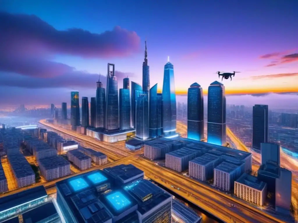 Futurista ciudad inteligente: skyline 8k ultra detallado Vista panorámica de una ciudad inteligente futurista al anochecer, resaltando la inversión inmobiliaria éxito IoT