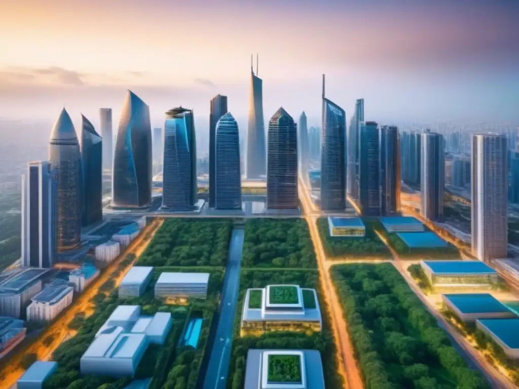Vista panorámica de ciudad futurista: inversión inmobiliaria estratégica Vista panorámica de la ciudad llena de rascacielos modernos y complejo inmobiliario futurista, simbolizando inversiones inmobiliarias a largo plazo