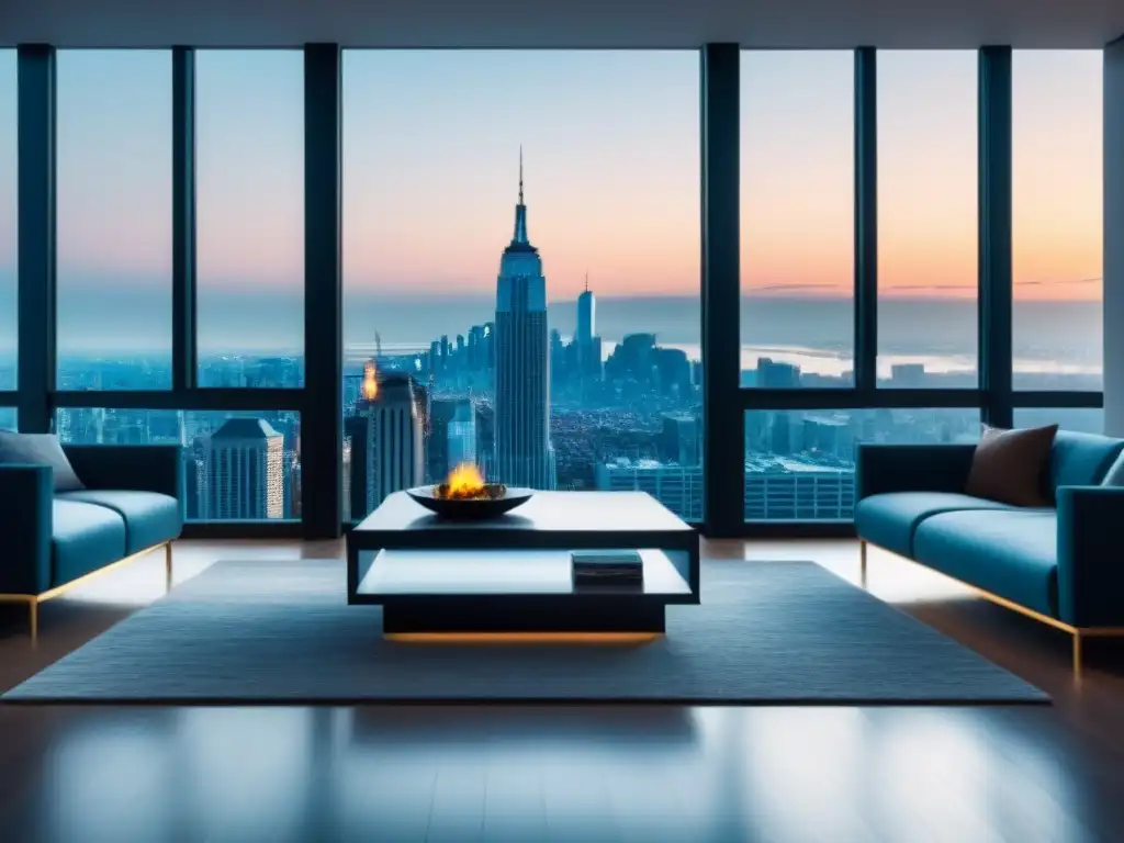 Penthouse de lujo con vista panorámica a la ciudad Vista panorámica de la ciudad desde lujoso ático con mobiliario de diseño