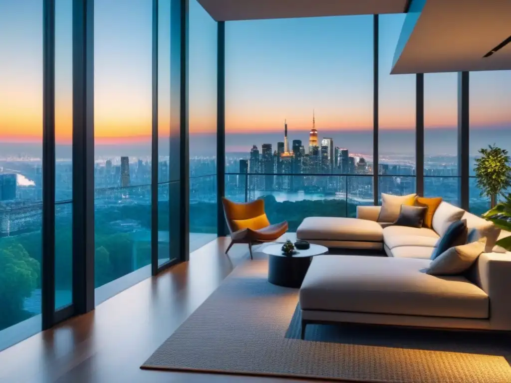 Penthouse eco-friendly con vista panorámica al atardecer Vista panorámica de la ciudad desde lujoso penthouse con diseño sostenible y jardín vertical