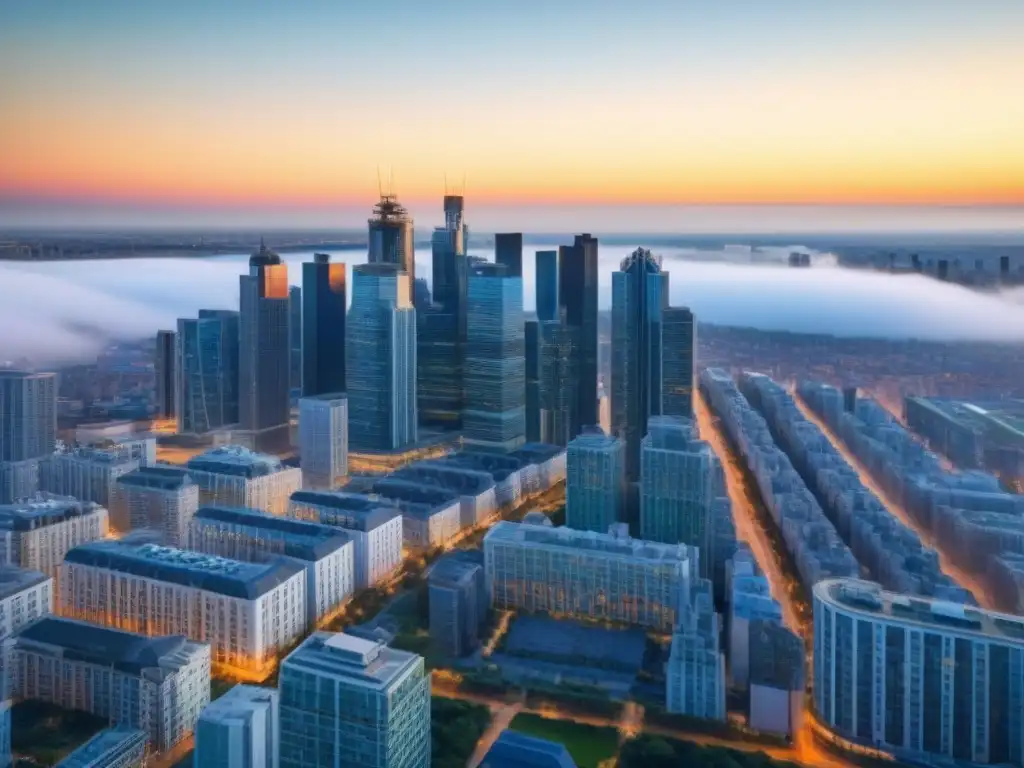 Metrópolis próspera: skyline 8k de la ciudad moderna y vibrante Vista panorámica de una ciudad moderna con rascacielos, reflejando prosperidad y crecimiento