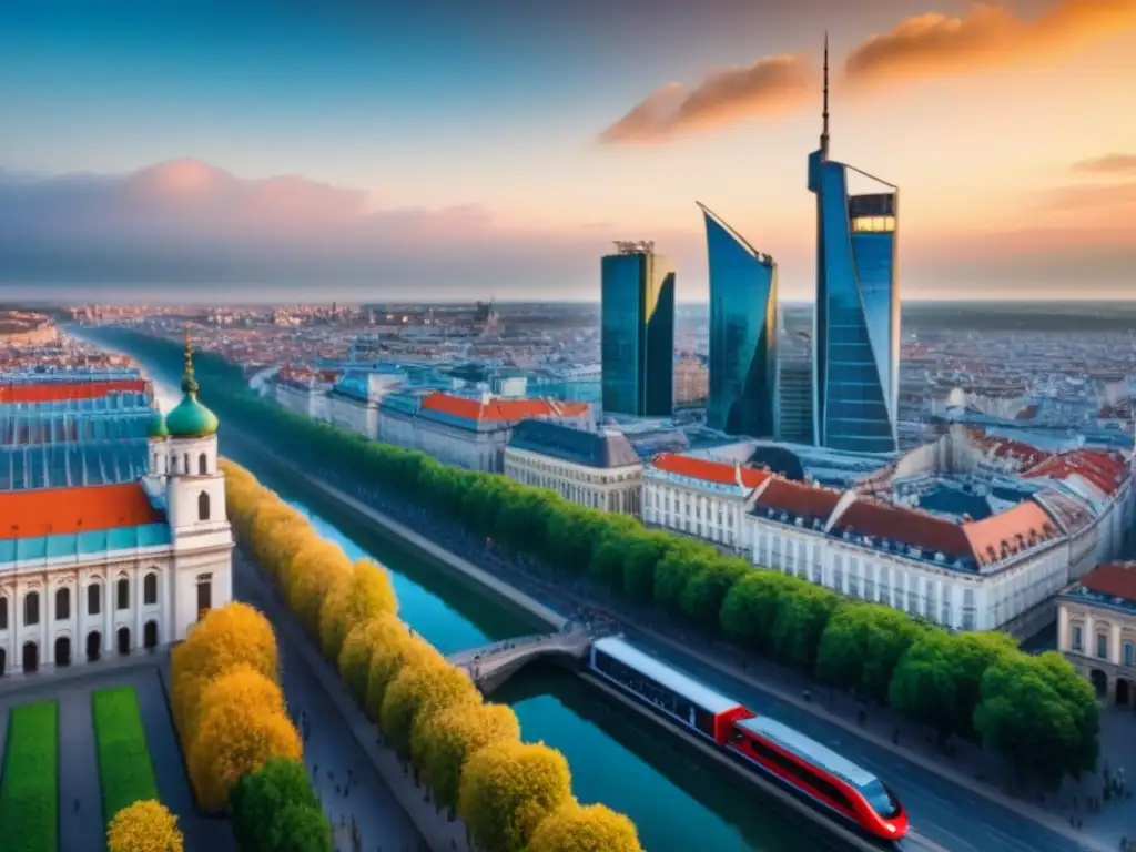 Vibrante ciudad europea: historia y modernidad en armonía Vista panorámica de una ciudad moderna en Europa del Este, con arquitectura histórica y rascacielos contemporáneos