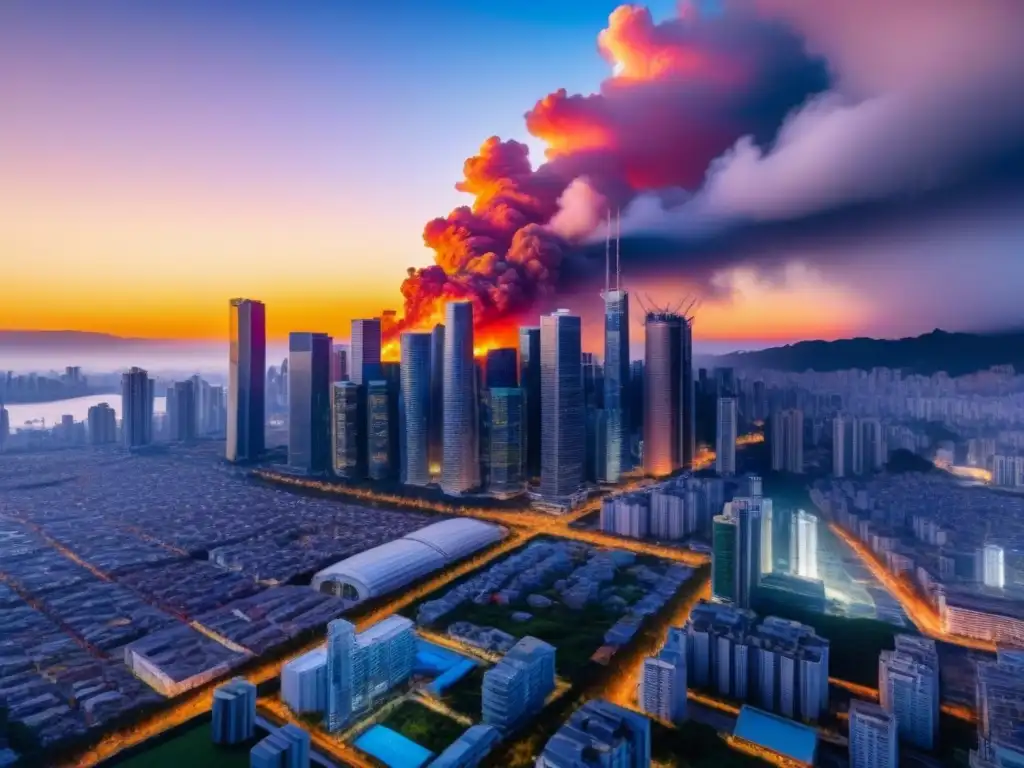 Innovadores rascacielos resistentes a terremotos en ciudad al atardecer Vista panorámica de ciudad moderna en zona sísmica, resaltando la seguridad de los edificios y la importancia del seguro propiedad zonas terremotos