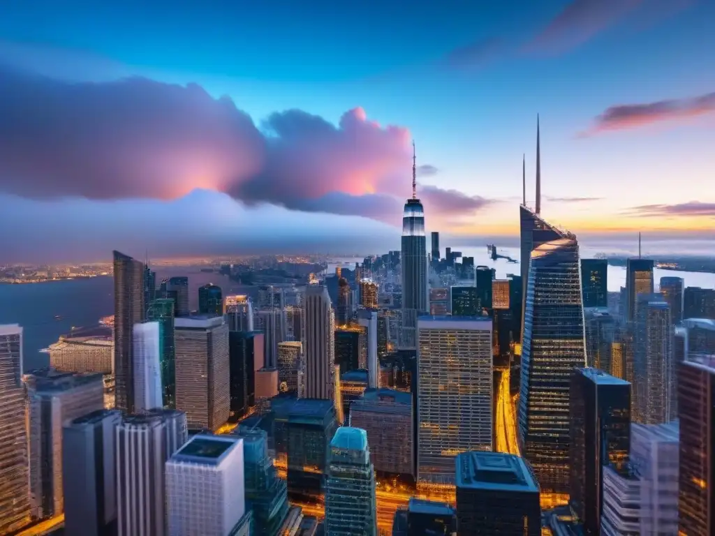Metrópolis global: skyline vibrante de rascacielos en 8k Vista panorámica de una ciudad moderna y vibrante, conectando con profesionales inmobiliarios globales