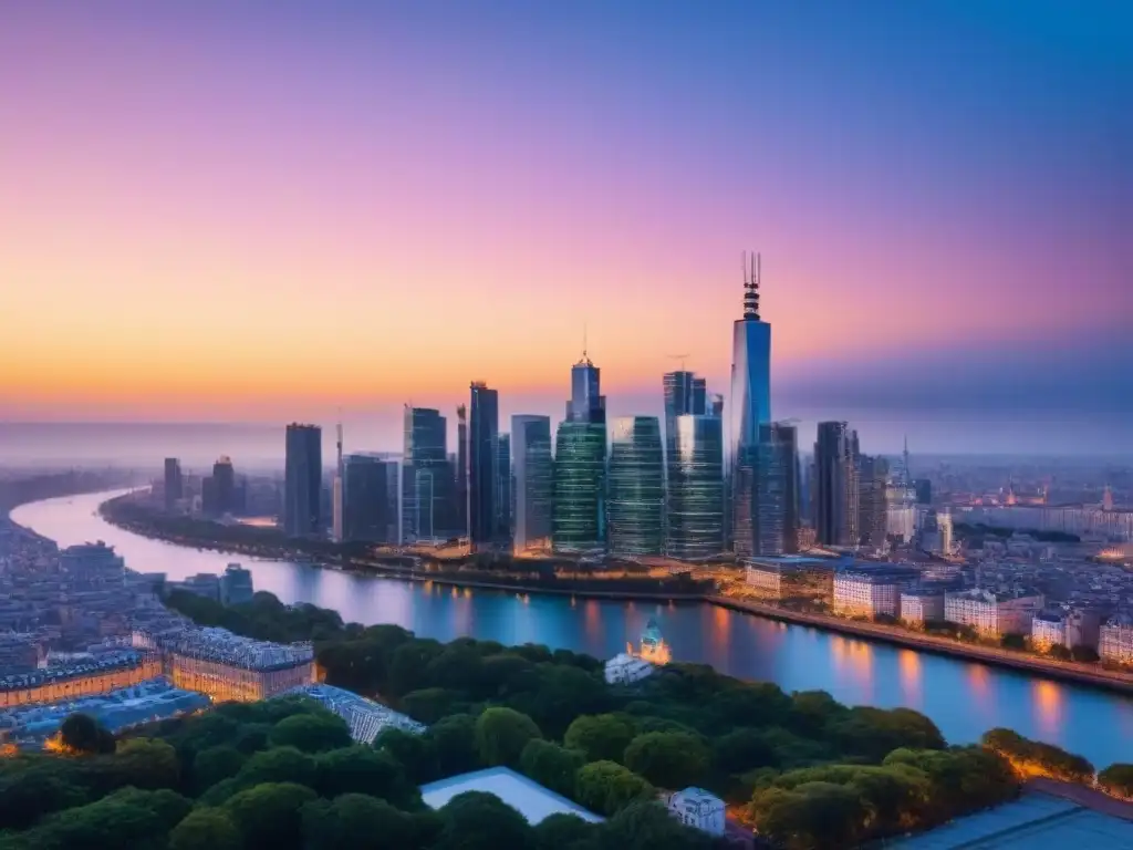 Horizonte urbano: mezcla de futurismo y historia al anochecer Vista panorámica de una ciudad moderna al atardecer, con propiedades subvaluadas en el mercado inmobiliario