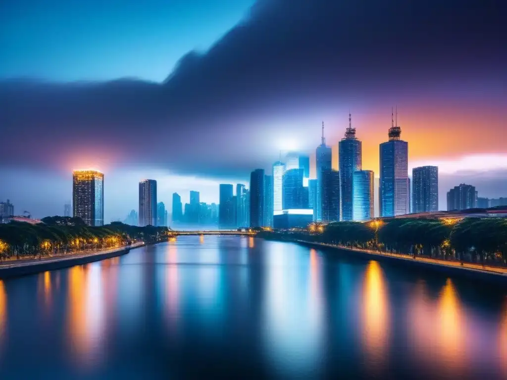 Horizonte urbano moderno: luces brillantes sobre el río al anochecer Vista panorámica de una ciudad moderna al anochecer, con rascacielos iluminados reflejados en un río tranquilo