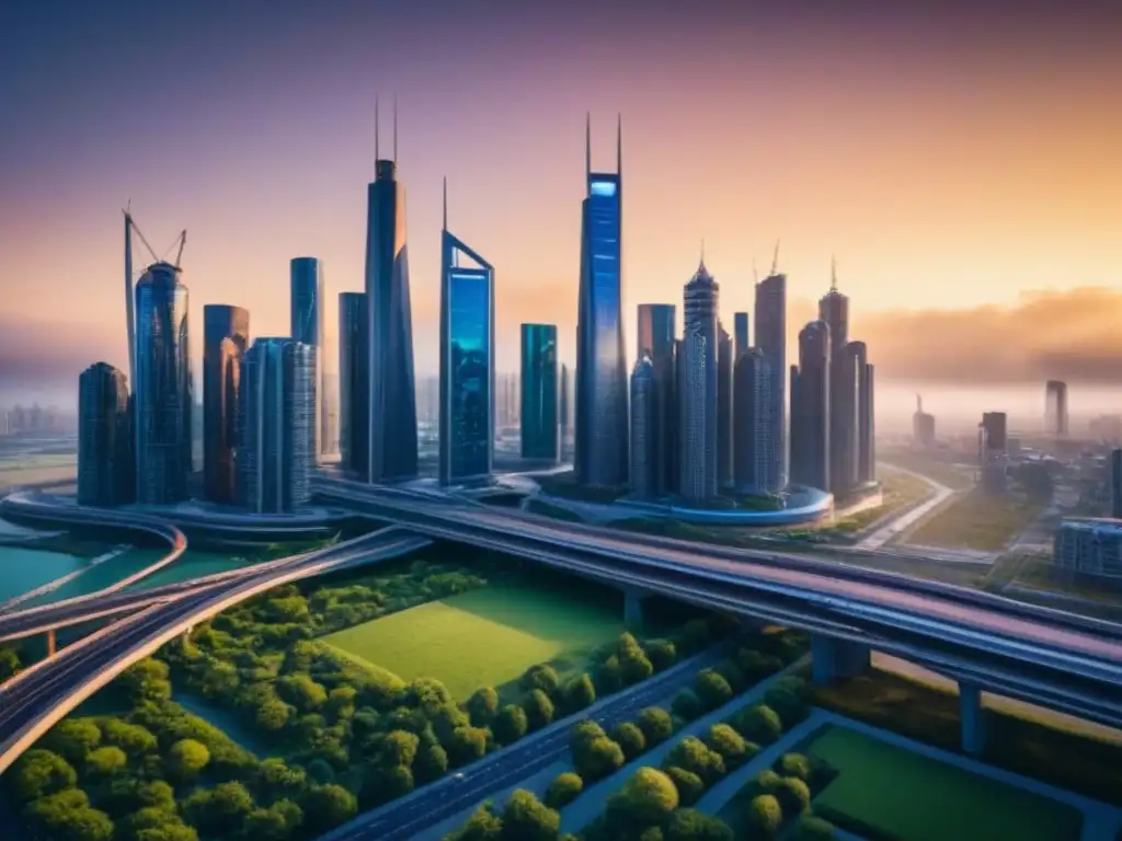 Metrópolis futurista: arquitectura moderna y naturaleza en harmonía Vista panorámica de una ciudad postindustrial futurista, fusionando tecnología y sostenibilidad en su diseño urbano al atardecer