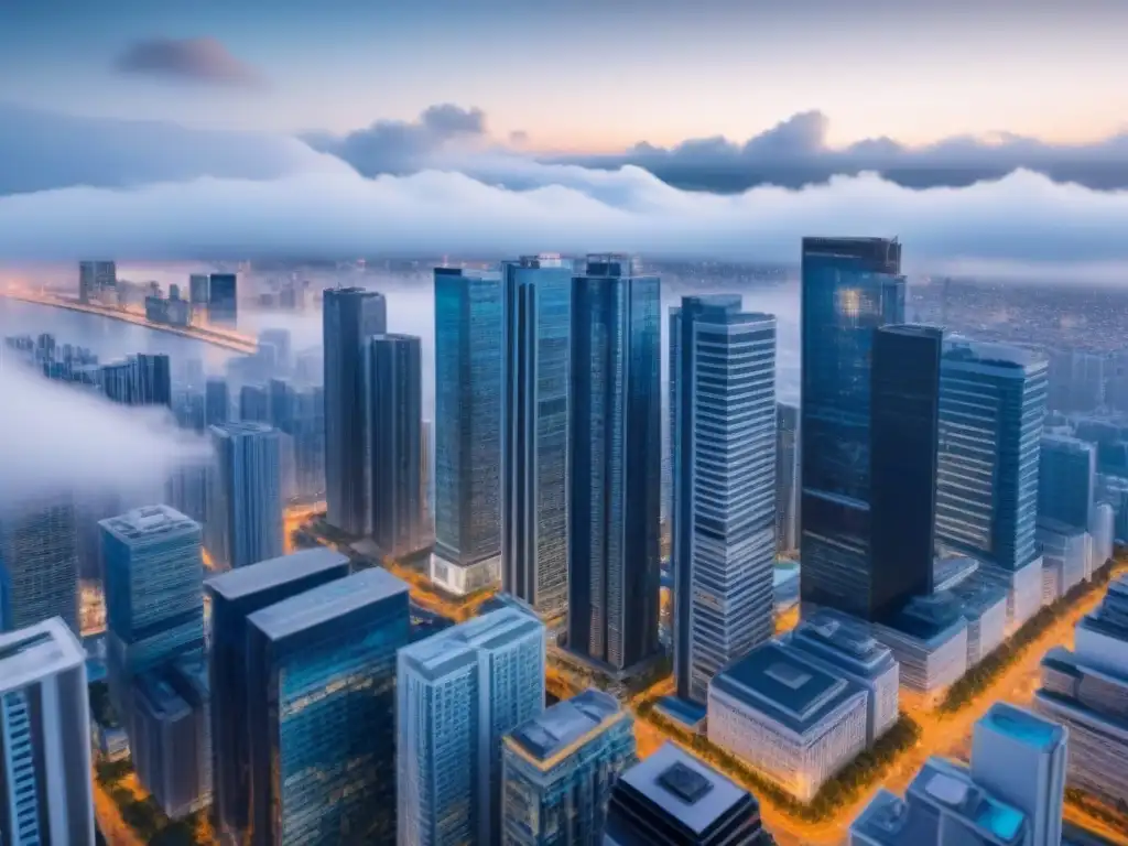 Horizonte urbano: fusiones inmobiliarias internacionales Vista panorámica de una ciudad con rascacielos fusionados, simbolizando fusiones en mercado inmobiliario internacional