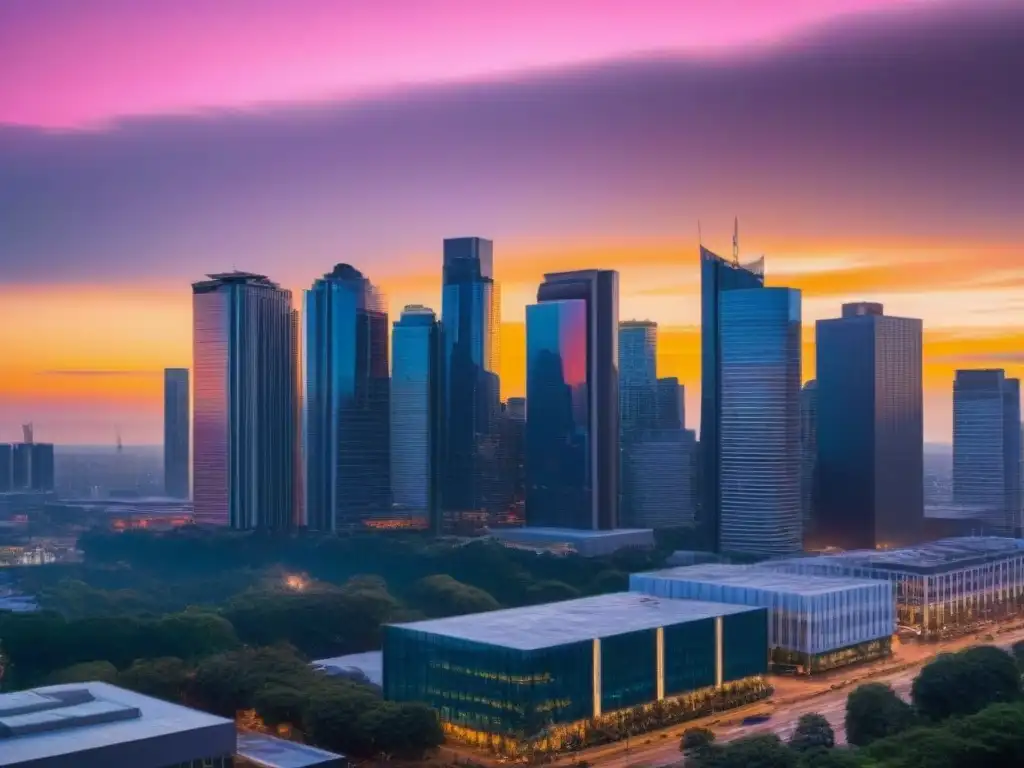 Horizonte urbano al anochecer: luces y modernidad Vista panorámica de la ciudad al anochecer con rascacielos iluminados, reflejando sinergias postfusión mercado inmobiliario