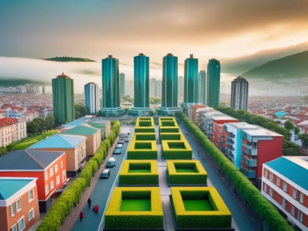 Panorama urbano: fusión de estilos arquitectónicos en una ciudad vibrante Vista panorámica de ciudad vibrante con arquitectura diversa, entre rascacielos modernos y barrios tradicionales