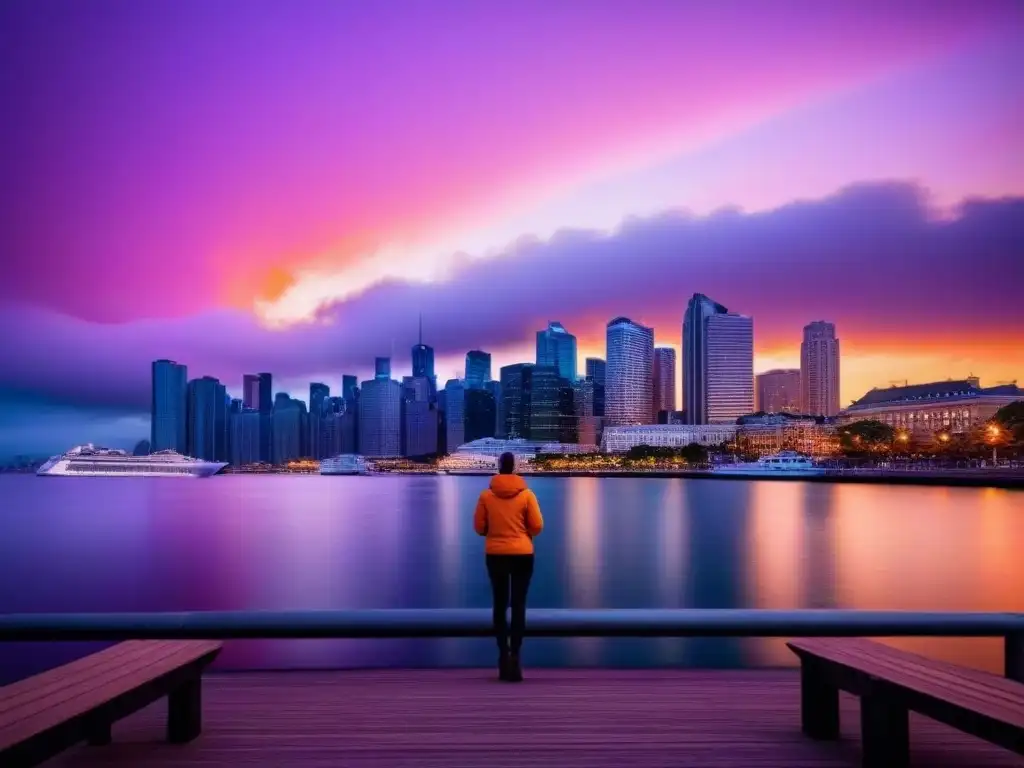 Horizonte urbano al atardecer: mezcla de modernidad y tradición Vista panorámica de una ciudad vibrante al atardecer, resaltando la importancia del seguro en inversiones