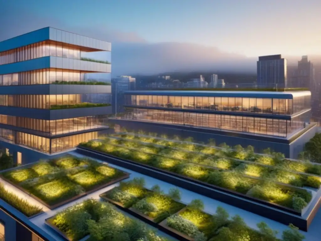 Complejo inmobiliario sostenible: futuro de la arquitectura urbana Vista panorámica de complejo inmobiliario sostenible internacional con arquitectura moderna y espacios verdes integrados, profesionales en reunión