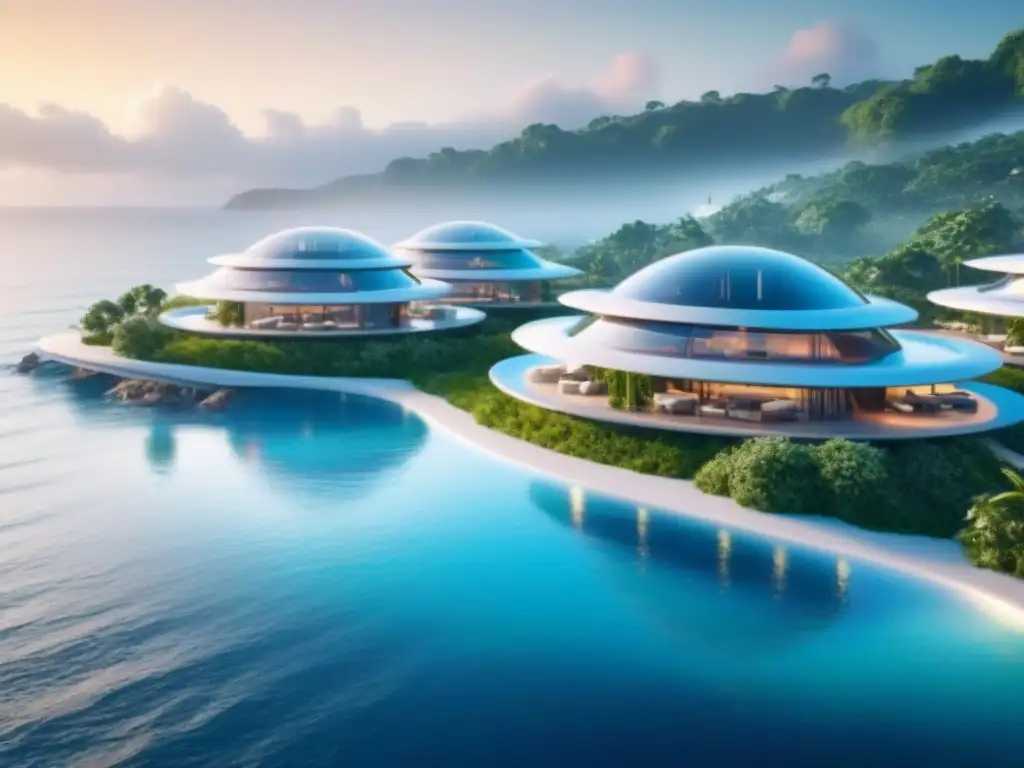 Complejo vacacional futurista de lujo y sostenible en 8k Vista panorámica de un complejo vacacional futurista con lujo, sostenibilidad e innovación