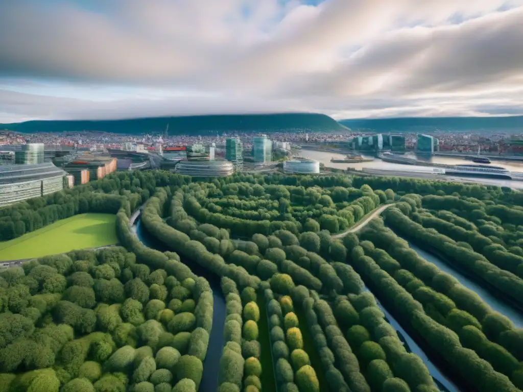 Visión sostenible de Oslo: armonía entre naturaleza y urbanismo Vista panorámica de Oslo, desarrollo urbano sostenible con edificios ecoeficientes, espacios verdes y transporte innovador