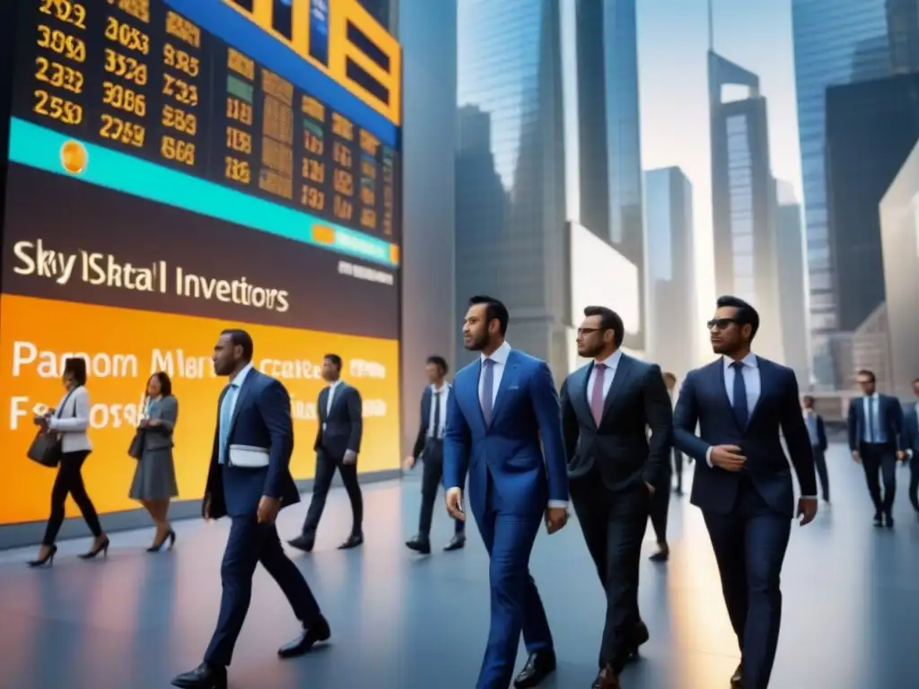 Amanecer financiero: hub global de economía y negocios Vista panorámica de un distrito financiero bullicioso, con rascacielos, profesionales y datos del mercado de valores