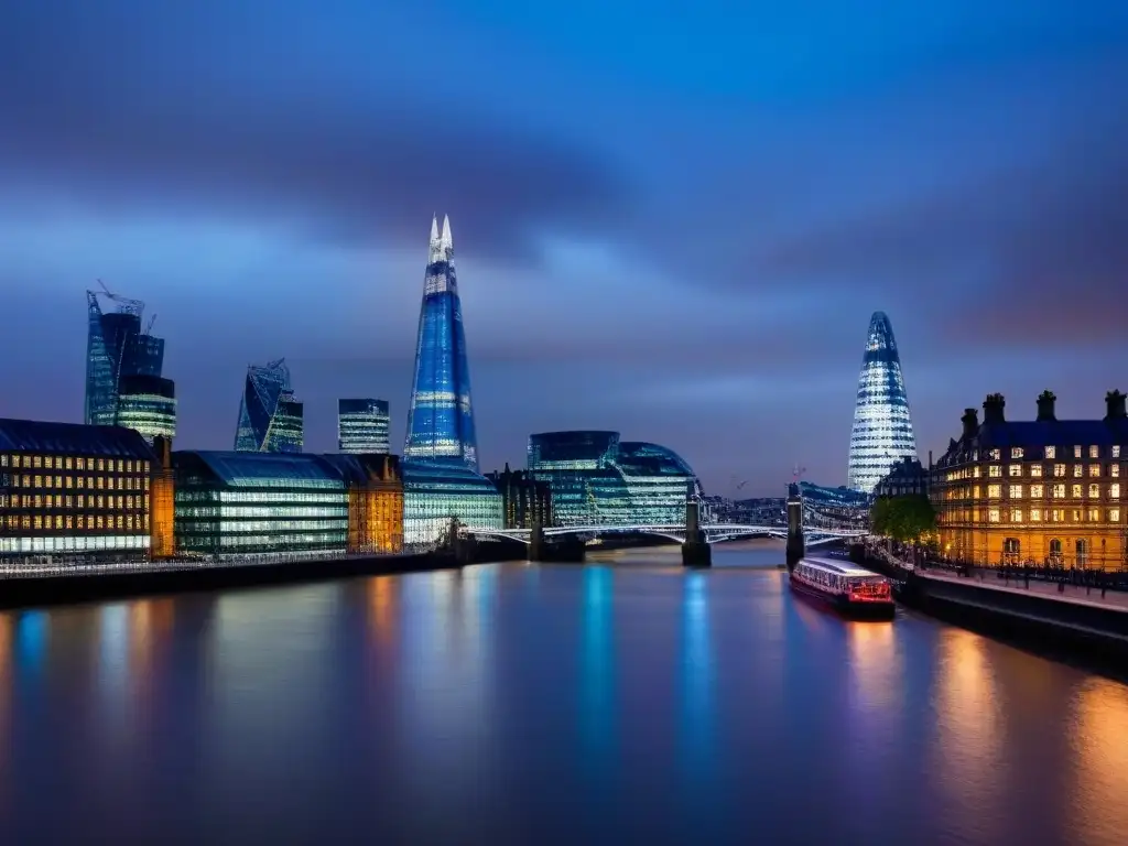 Horizonte de Londres al anochecer: luces y arquitectura Vista panorámica de Londres al anochecer, con edificios icónicos iluminados y el río Támesis reflejando luces de la ciudad