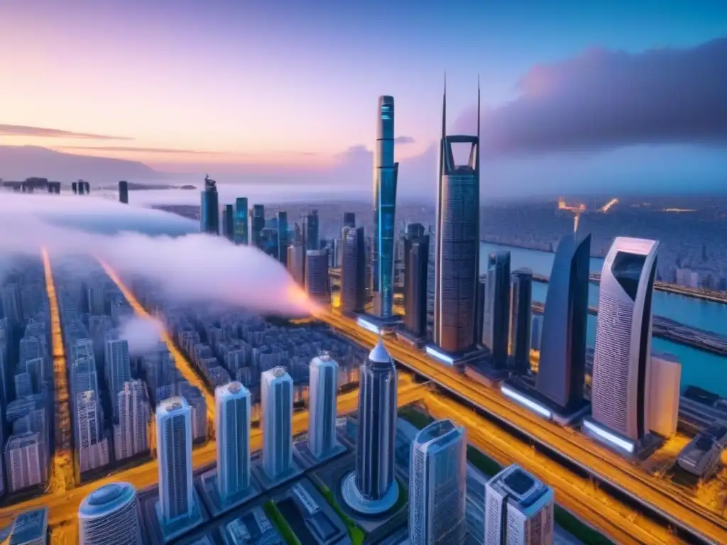 Vista panorámica futurista de la ciudad al anochecer con modernos rascacielos y Fluctuaciones cambiarias mercado inmobiliario