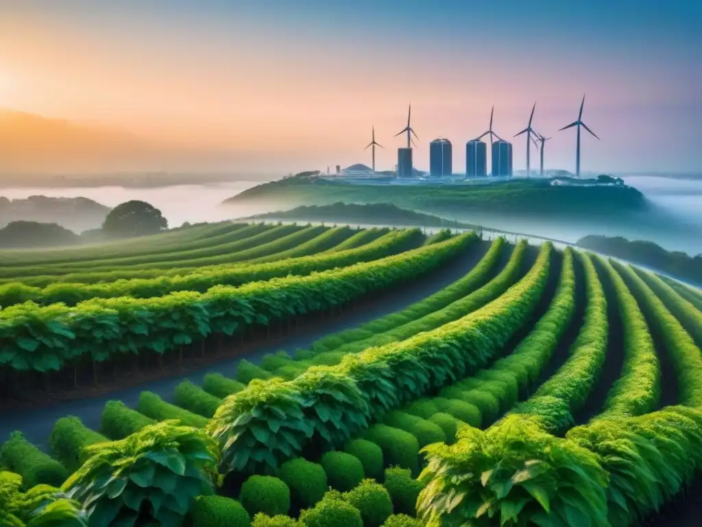 Metrópolis sostenible: arquitectura verde al atardecer Vista panorámica futurista de ciudad sostenible al atardecer con edificios verdes, paneles solares y jardines en azoteas