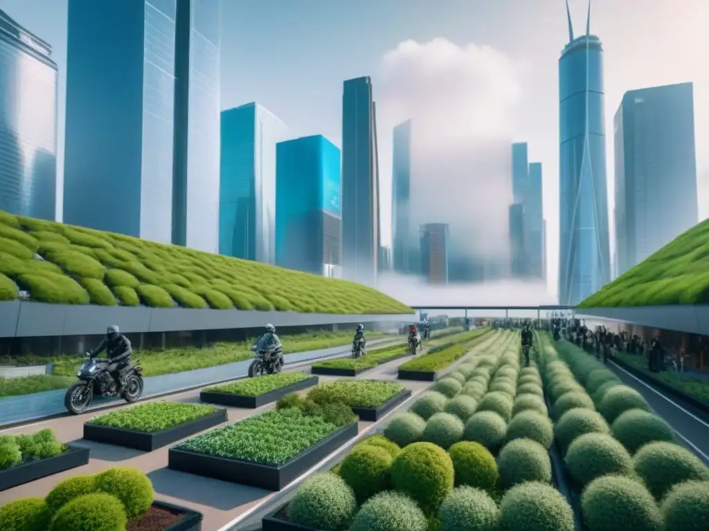 Metrópolis futurista sostenible: real estate verde y activo ecofriendly Vista panorámica futurista de ciudad sostenible con mercado inmobiliario activo y actividades ecoamigables