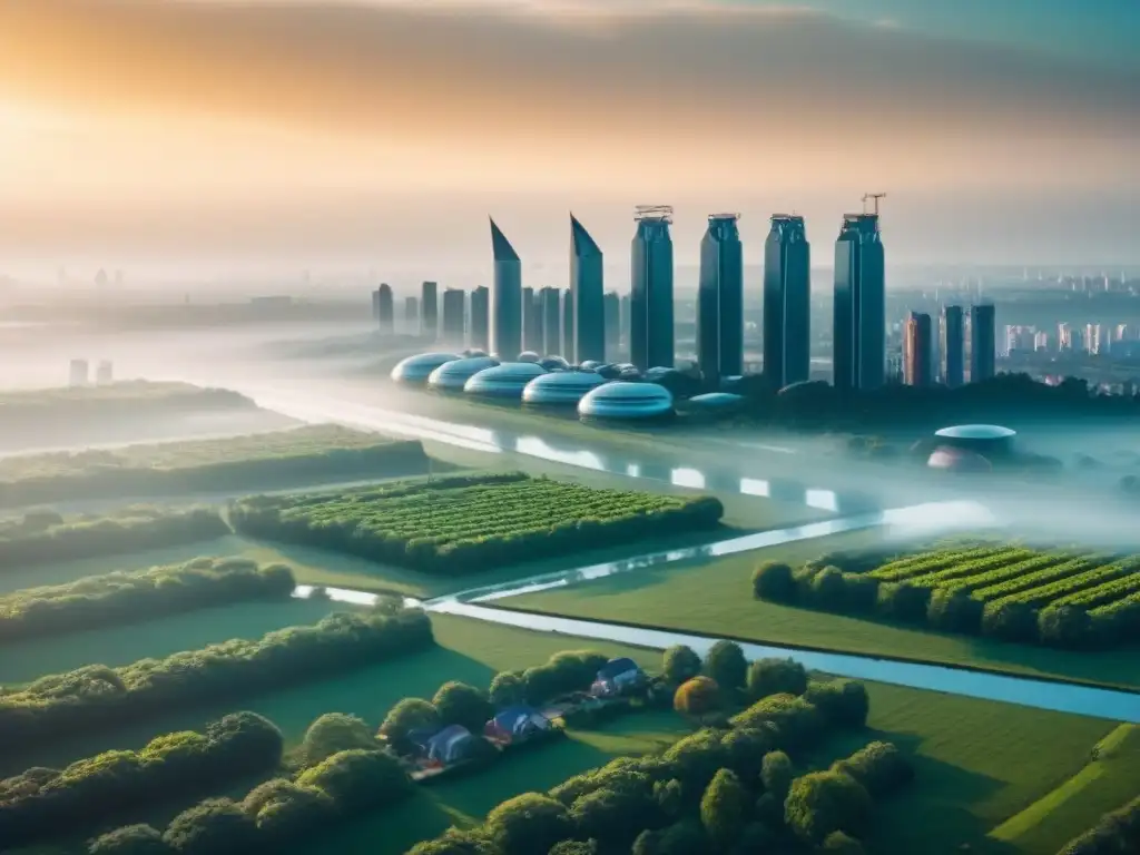 Horizonte futurista: inversión sostenible en bienes raíces globales Vista panorámica futurista de inversiones sostenibles en el mercado inmobiliario internacional