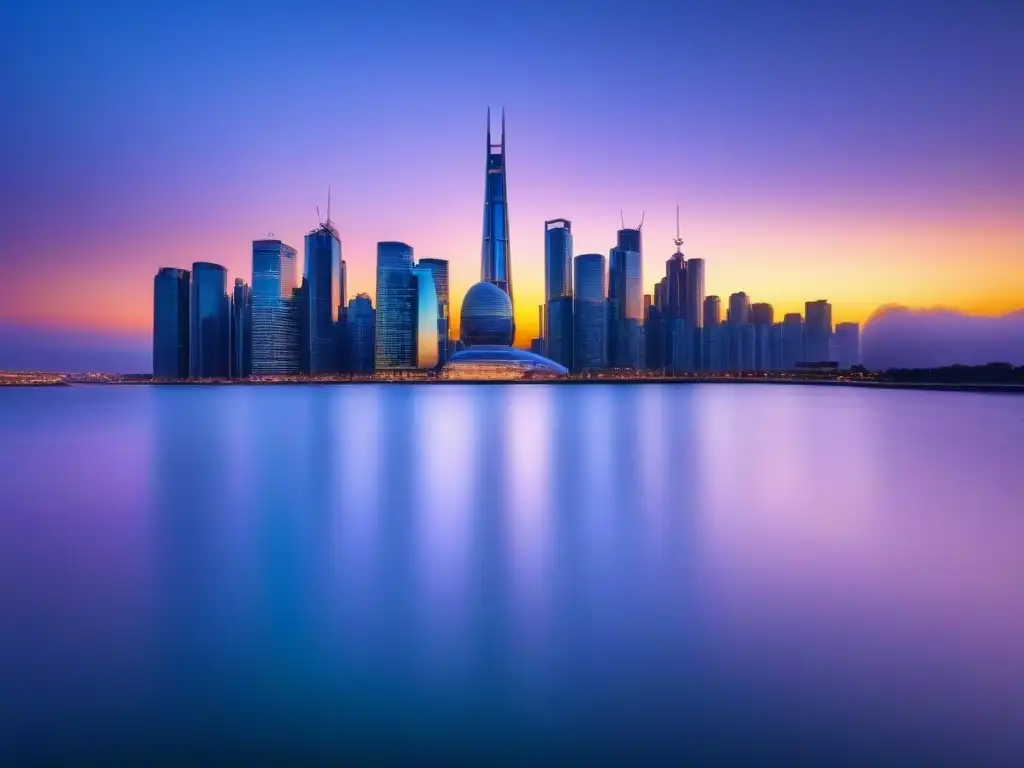 Horizonte urbano moderno: éxito en inversión inmobiliaria internacional Una vista panorámica de un horizonte moderno con rascacielos de vidrio reflejando los colores vibrantes de un atardecer, simbolizando el éxito en inversiones inmobiliarias internacionales consejos