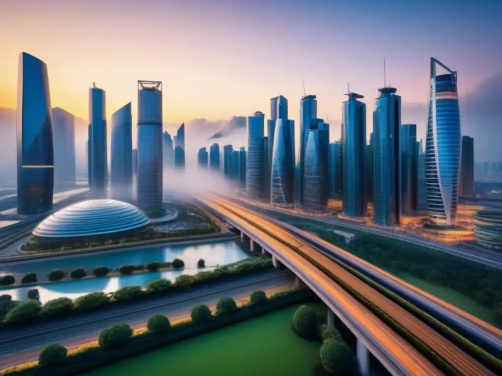 Ruta Comercial Global: Mix de Culturas y Oportunidades Vista panorámica de Inversiones inmobiliarias internacionales Franja Ruta con rascacielos y transporte avanzado