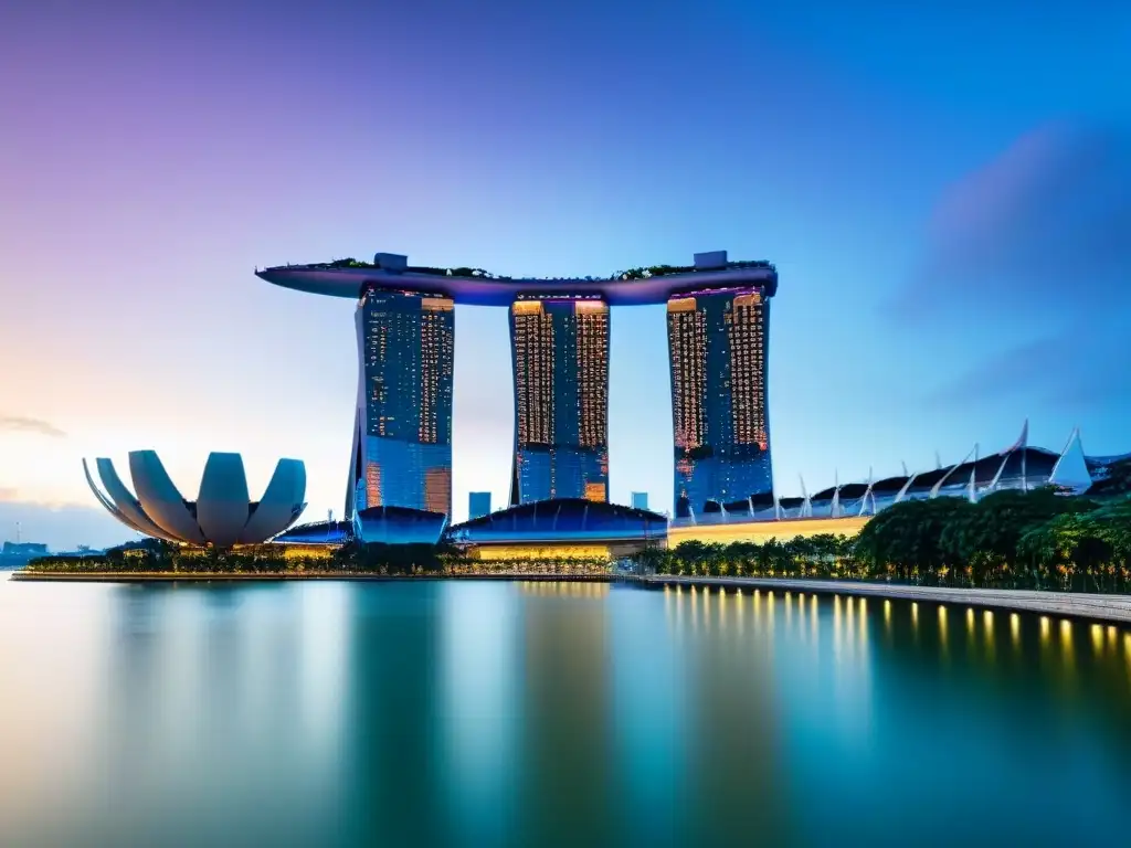 Esplendor urbano en Singapur: Marina Bay y Supertree Grove al anochecer Vista panorámica de Singapur al anochecer con Marina Bay Sands y Supertree Grove, reflejando luces en Marina Bay