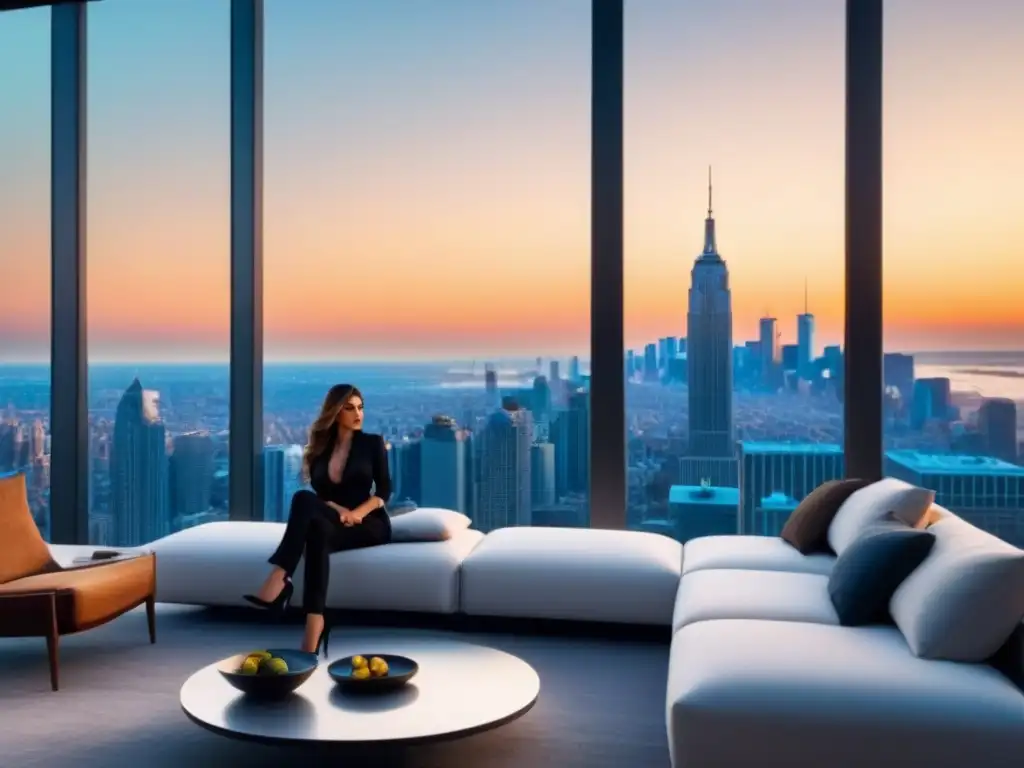 Penthouse de lujo: vista panorámica de ciudad al atardecer Vista panorámica de lujo en penthouse moderno con mobiliario elegante y arte refinado al atardecer en la ciudad