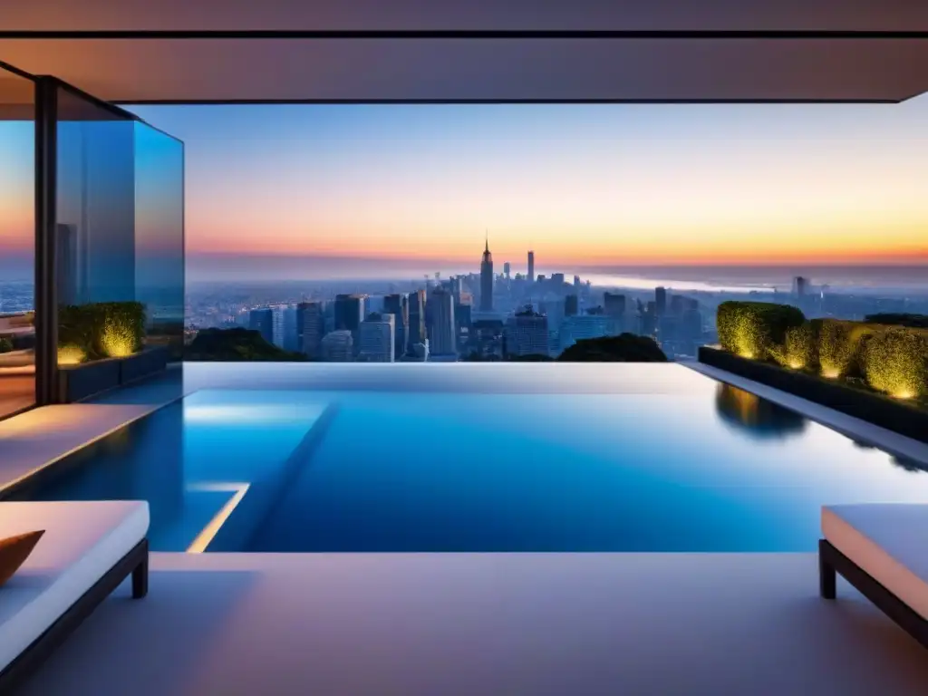 Mansión de lujo: diseño contemporáneo y vistas panorámicas al atardecer Vista panorámica de una lujosa mansión moderna con jardín y piscina infinita, ideal para aplicar las mejores estrategias negociación compra mansión