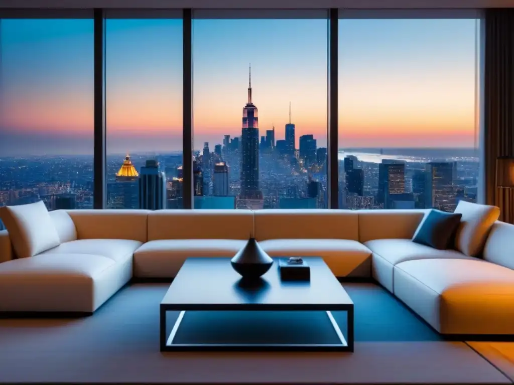 Sofisticado salón moderno con vistas a la ciudad al anochecer Vista panorámica de una lujosa sala moderna con ventanales de piso a techo y vista a la ciudad al anochecer