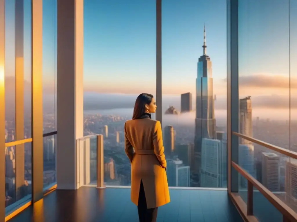 Panorama urbano de lujo: moderno rascacielos en metrópolis internacional Vista panorámica de una lujosa torre moderna con ventanas de piso a techo en una ciudad internacional bulliciosa, bañada en luz dorada