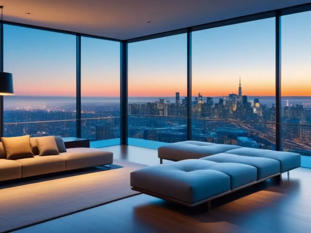 Penthouse de lujo con vista panorámica y diseño moderno Vista panorámica de un lujoso ático moderno con diseño elegante y ventanales, ideal para influencers mercado inmobiliario internacional