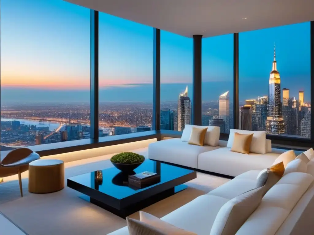 Penthouse de lujo con vista a la ciudad: diseño elegante y moderno Vista panorámica de un lujoso ático moderno con diseño elegante y tecnología de vanguardia