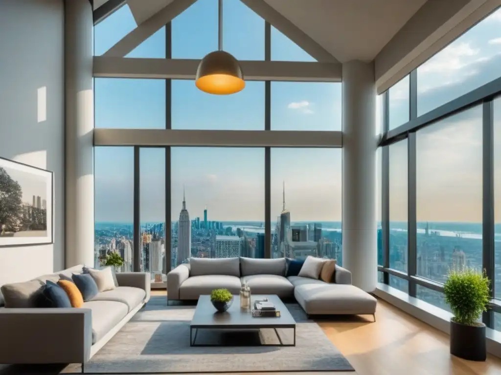 Penthouse de lujo con diseño elegante y vistas urbanas Vista panorámica de un lujoso ático moderno con diseño elegante y tecnología inteligente, en el mercado inmobiliario