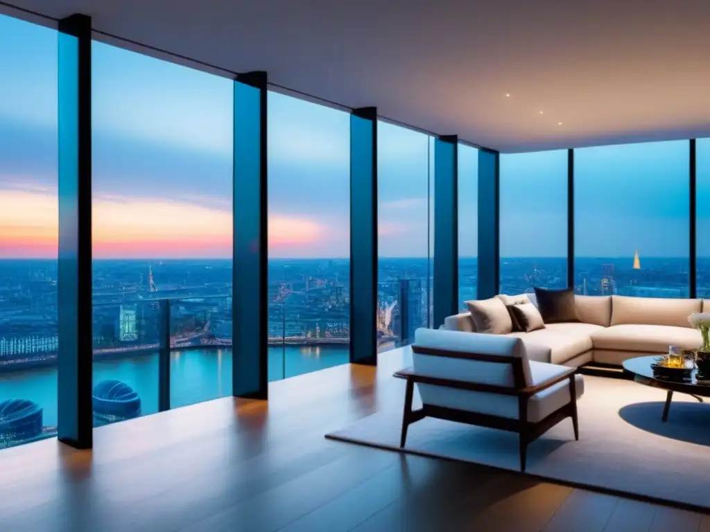 Penthouse de lujo con vistas al Támesis en Londres Vista panorámica de un lujoso ático sobre el río Támesis en Londres, con diseño moderno y elegante