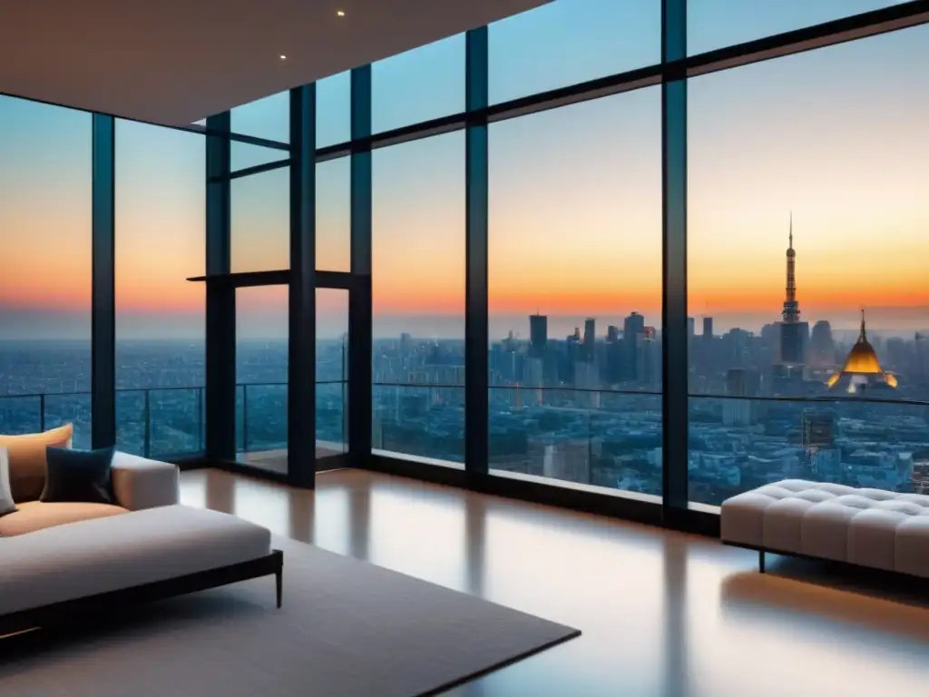 Penthouse de lujo con vista panorámica y estilo moderno en la ciudad Una vista panorámica de un lujoso ático moderno con estilo contemporáneo y una impresionante vista urbana al atardecer